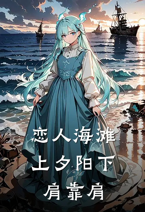 恋人海滩上夕阳下肩靠肩
